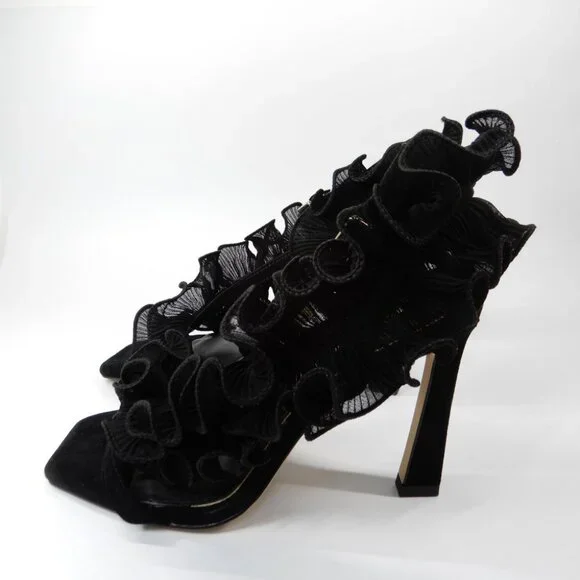 Gianni Bini Franz Sandals High Heels Size 6 Black Suede Chiffon Ruffle NEW - Picture 8 of 15